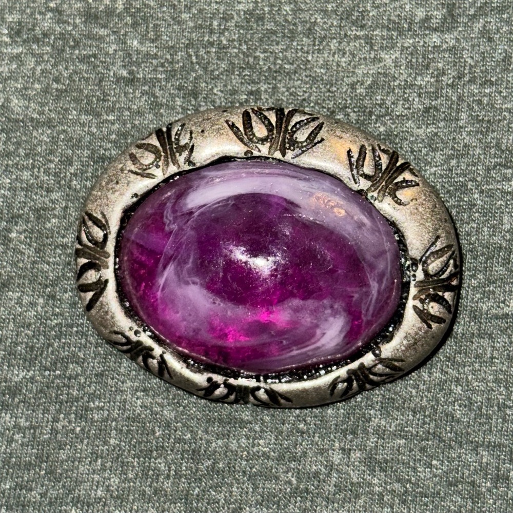 Silver w/ Purple Cabochon VTG Brooch - Picture 11 of 13